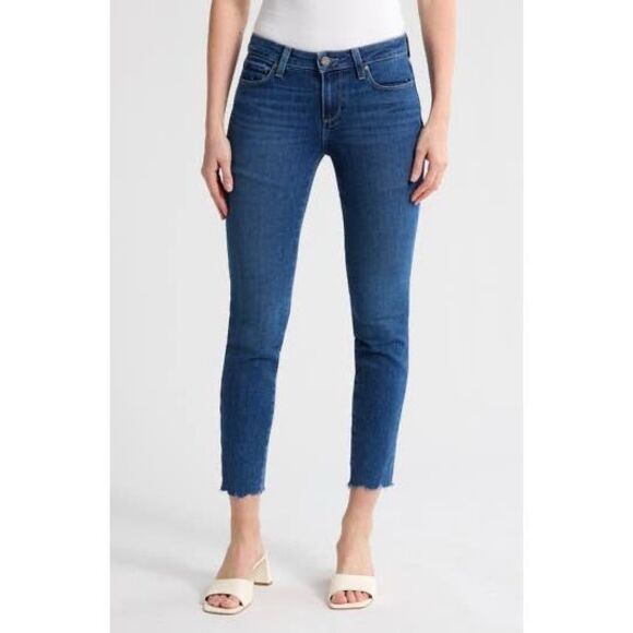 Paige Denim Verdugo Ankle Raw Hem Stretch Mid-Rise Skinny Jeans Cropped Blue 27 - Picture 1 of 13